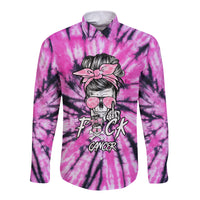 Tie-dye long sleeve button shirt, purple and pink with skull wearing sunglasses graphic