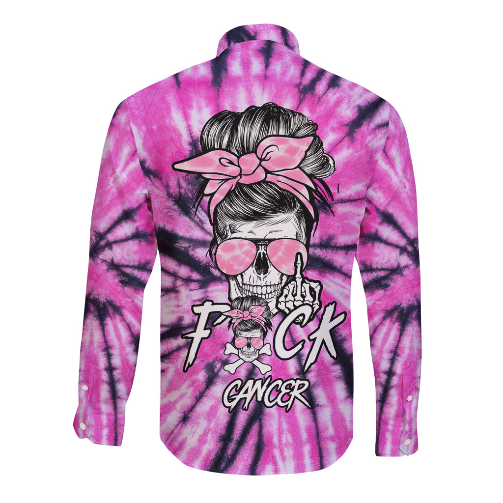 Tie-dye long sleeve button shirt, pink and black with skull and flower graphic