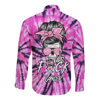 Tie-dye long sleeve button shirt, pink and black with skull and flower graphic