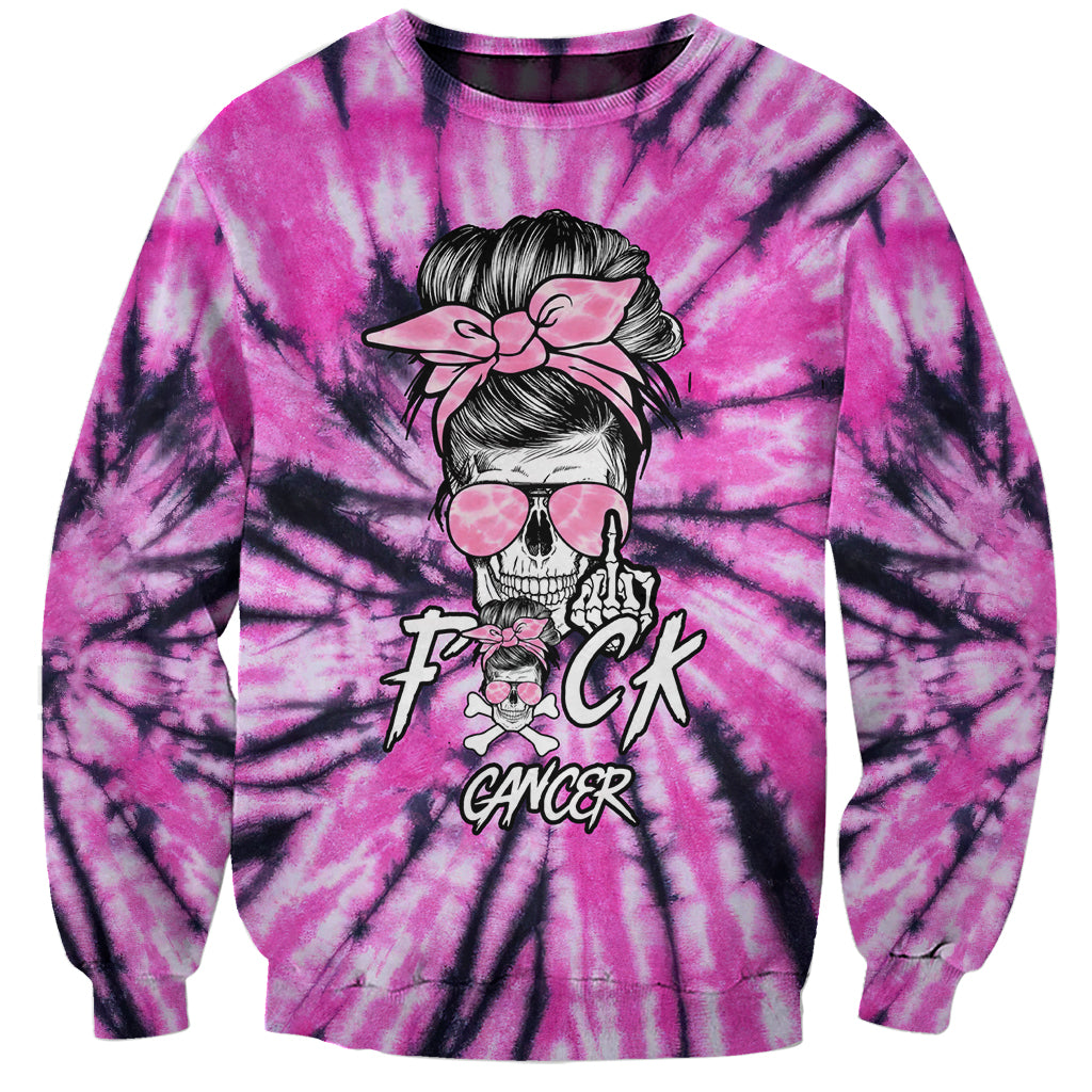 Unisex tie-dye sweatshirt front with skull, sunglasses, and bow graphic in pink-purple