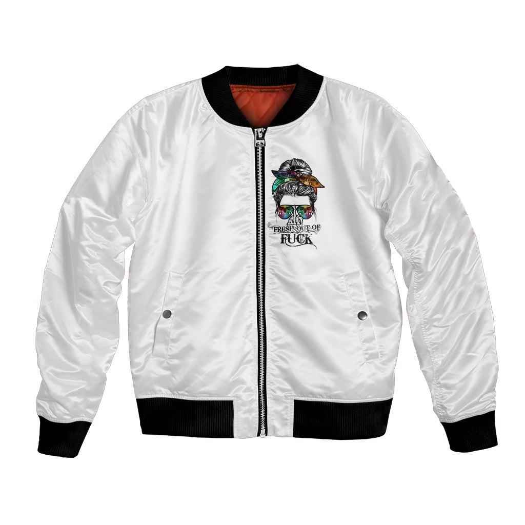 Unisex white bomber jacket with front zipper, multicolor graphic, ribbed black hem and cuffs