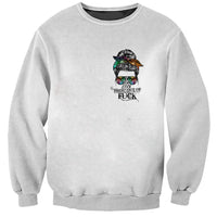 Light gray crewneck sweatshirt with small multicolor messy bun skull graphic