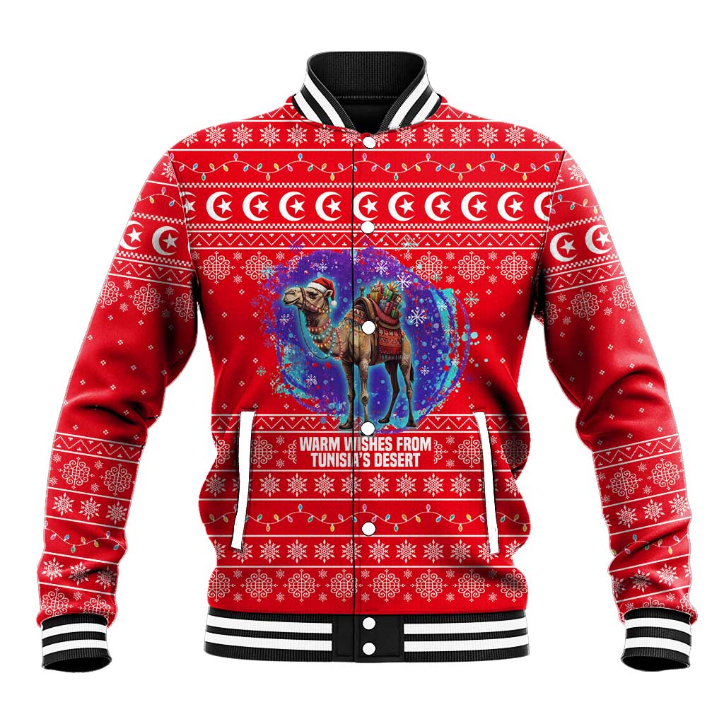 Tunisia Christmas Baseball Jacket with Desert Camel Crescent Snowflake Pattern and National Emblem - Wonder Print Shop