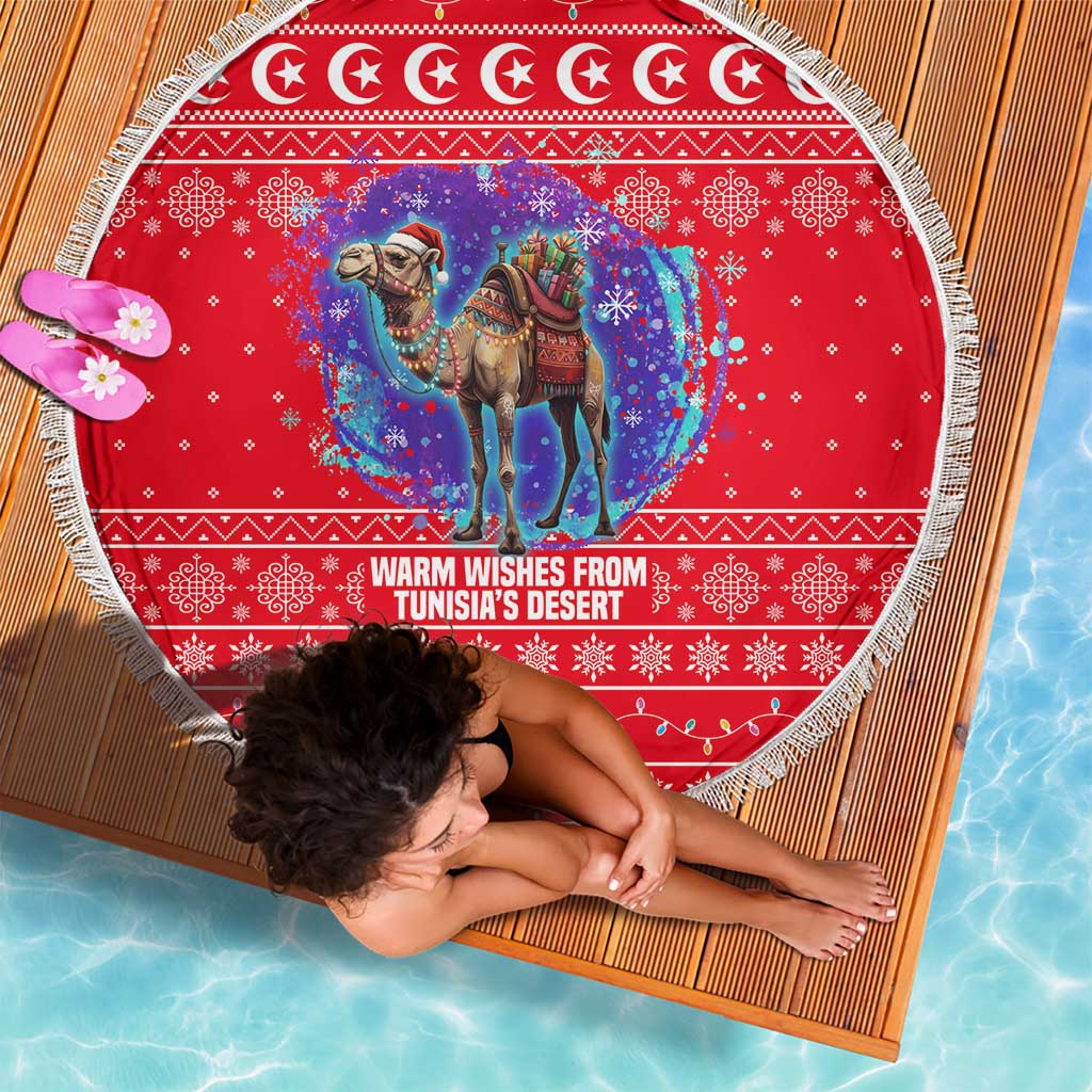 Tunisia Christmas Beach Blanket with Desert Camel Crescent Snowflake Pattern and National Emblem - Wonder Print Shop