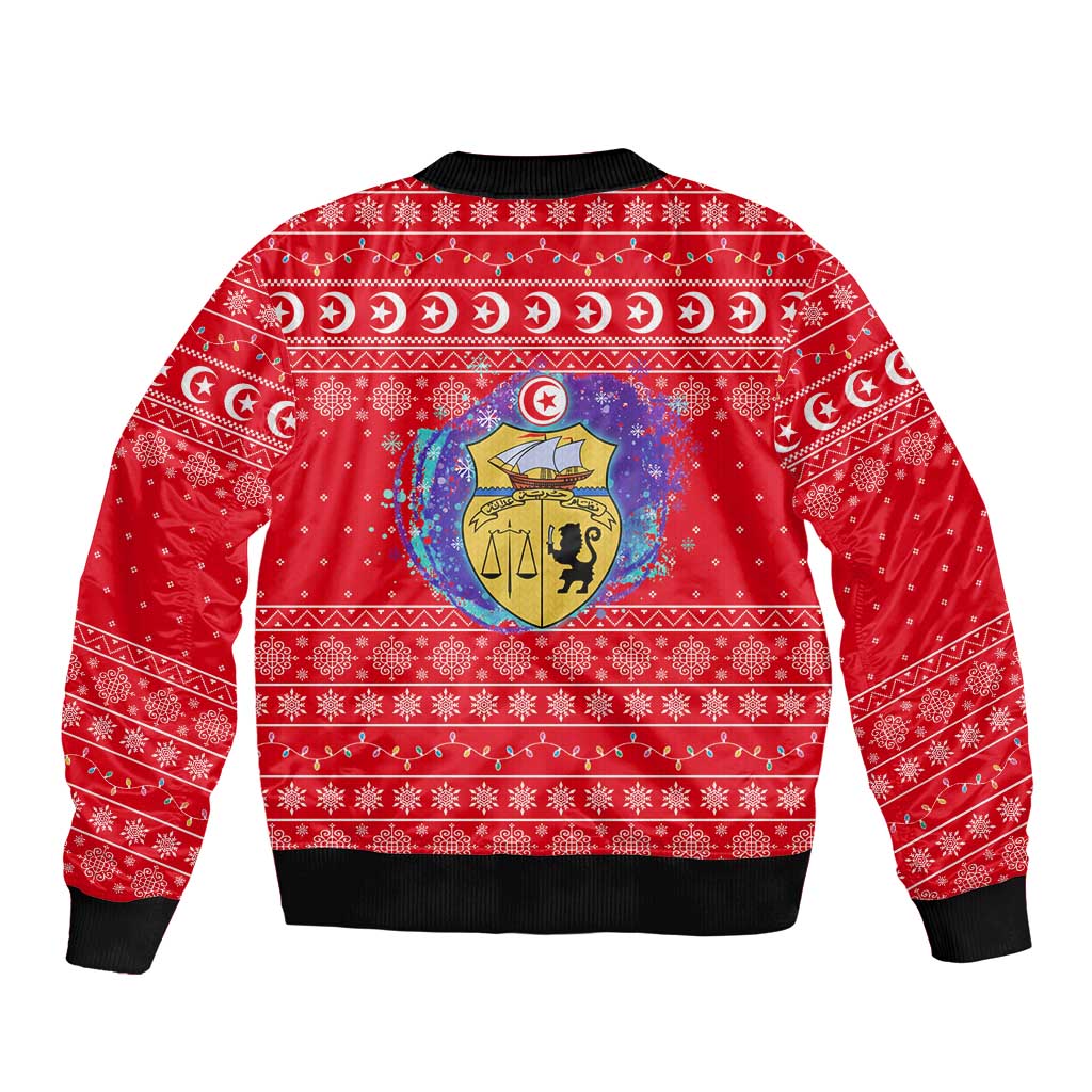 Tunisia Christmas Bomber Jacket with Desert Camel Crescent Snowflake Pattern and National Emblem - Wonder Print Shop