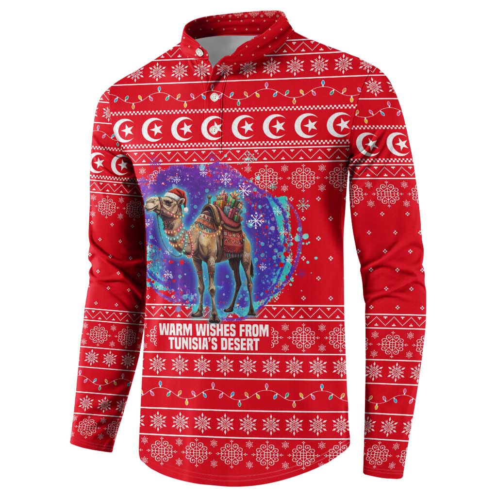 Tunisia Christmas Button Sweatshirt with Desert Camel Crescent Snowflake Pattern and National Emblem - Wonder Print Shop