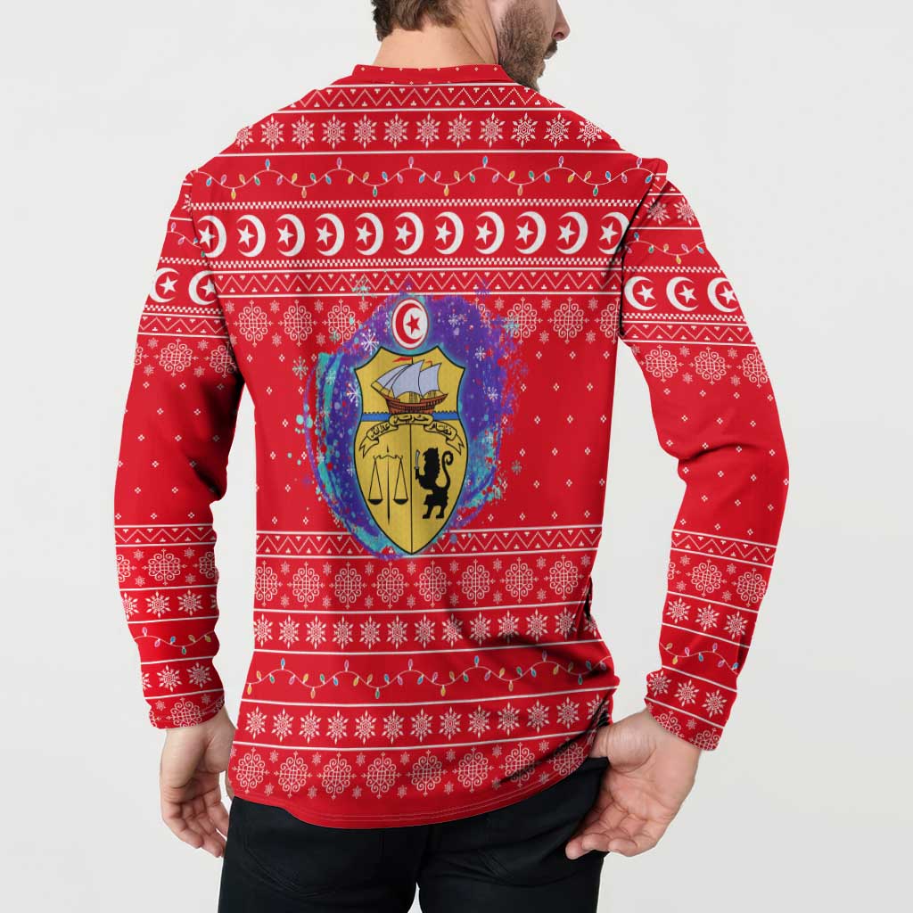 Tunisia Christmas Button Sweatshirt with Desert Camel Crescent Snowflake Pattern and National Emblem - Wonder Print Shop