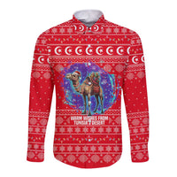 Tunisia Christmas Long Sleeve Button Shirt with Desert Camel Crescent Snowflake Pattern and National Emblem - Wonder Print Shop