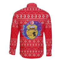 Tunisia Christmas Long Sleeve Button Shirt with Desert Camel Crescent Snowflake Pattern and National Emblem - Wonder Print Shop