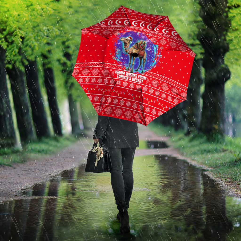 Tunisia Christmas Umbrella with Desert Camel Crescent Snowflake Pattern and National Emblem - Wonder Print Shop