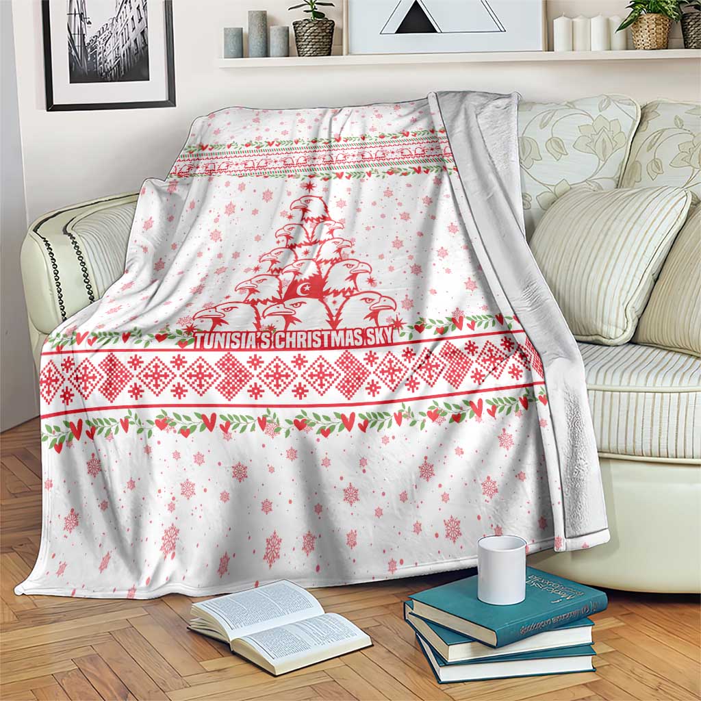 Tunisia Christmas Blanket with Red Falcon Tree White Snowflake Pattern and Festive Borders - Wonder Print Shop