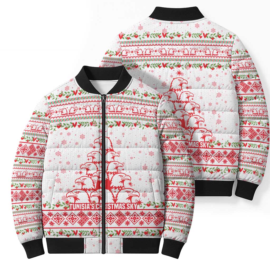 Tunisia Christmas Bomber Puffer Jacket with Red Falcon Tree White Snowflake Pattern and Festive Borders - Wonder Print Shop