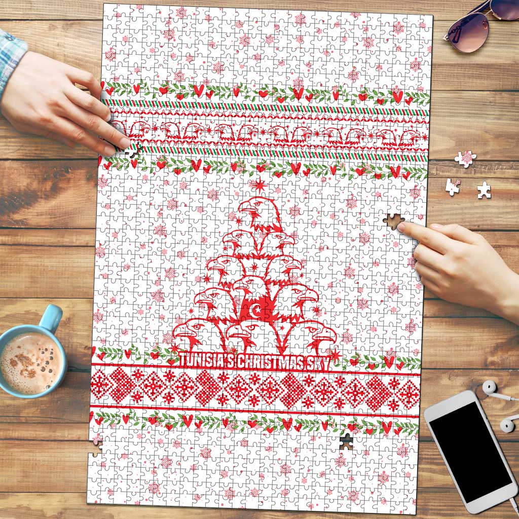 Tunisia Christmas Puzzle with Red Falcon Tree White Snowflake Pattern and Festive Borders - Wonder Print Shop