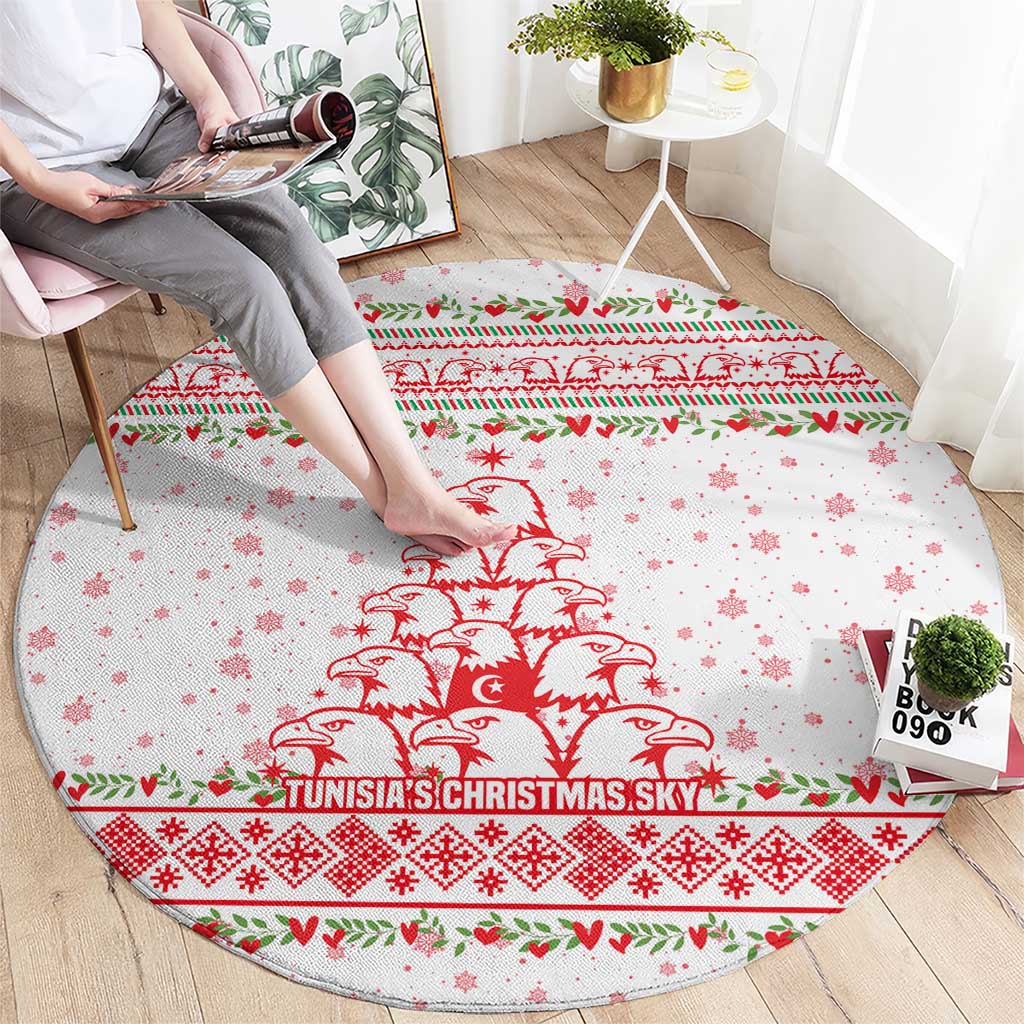 Tunisia Christmas Round Carpet with Red Falcon Tree White Snowflake Pattern and Festive Borders - Wonder Print Shop