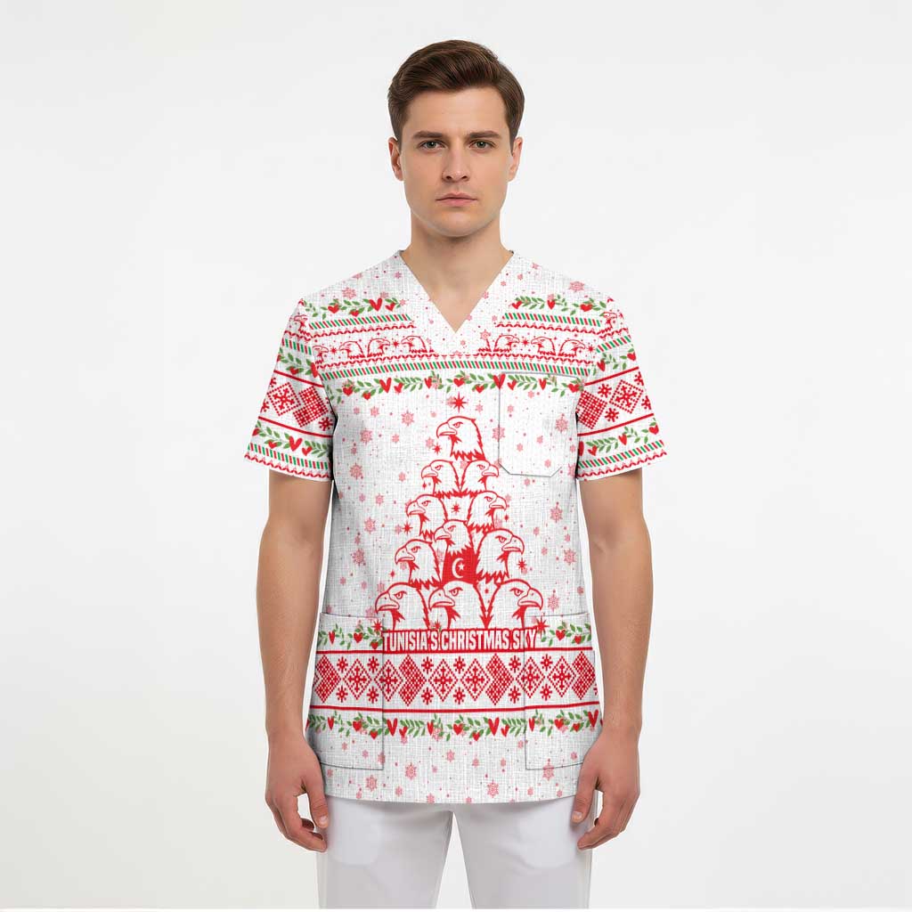 Tunisia Christmas Scrub Top with Red Falcon Tree White Snowflake Pattern and Festive Borders - Wonder Print Shop