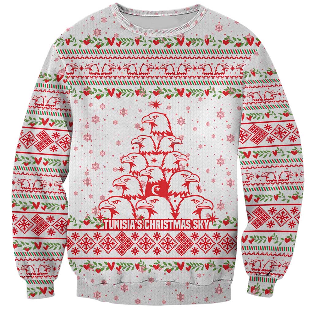 Tunisia Christmas Sweatshirt with Red Falcon Tree White Snowflake Pattern and Festive Borders - Wonder Print Shop