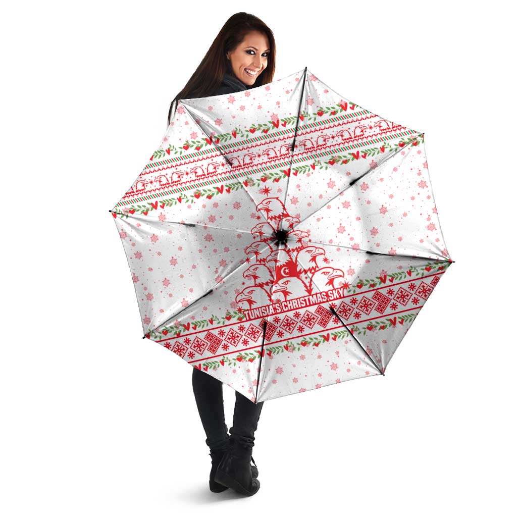 Tunisia Christmas Umbrella with Red Falcon Tree White Snowflake Pattern and Festive Borders - Wonder Print Shop