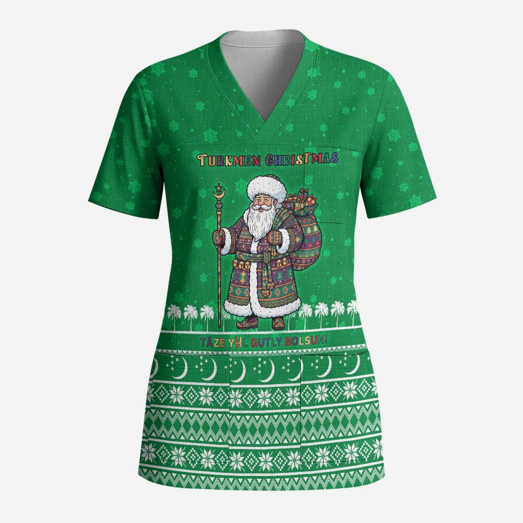 Turkmenistan Christmas Scrub Top with Traditional Santa Snowflake Crescent Moon and National Emblem - Wonder Print Shop
