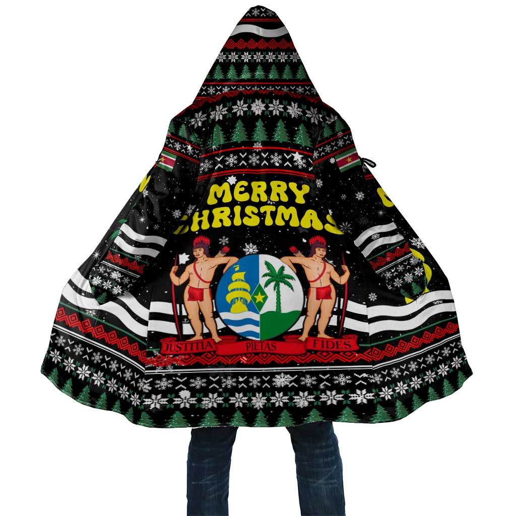 Suriname Christmas Cloak with Black Festive Pattern, Golden Ship, Palm Tree, and Coat of Arms Motif - Wonder Print Shop