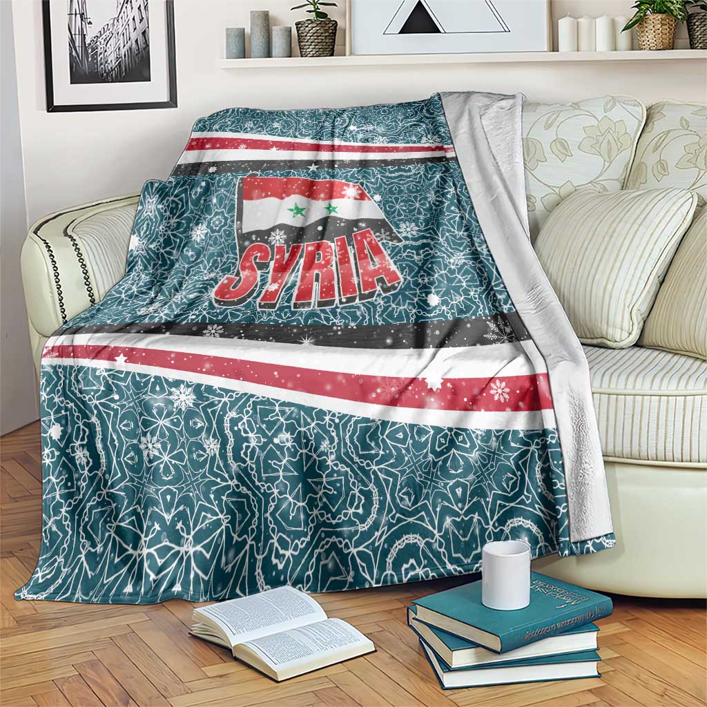 Syria Christmas Blanket with National Flag Motif, Coat of Arms Eagle, and Festive Snowflake Pattern - Wonder Print Shop