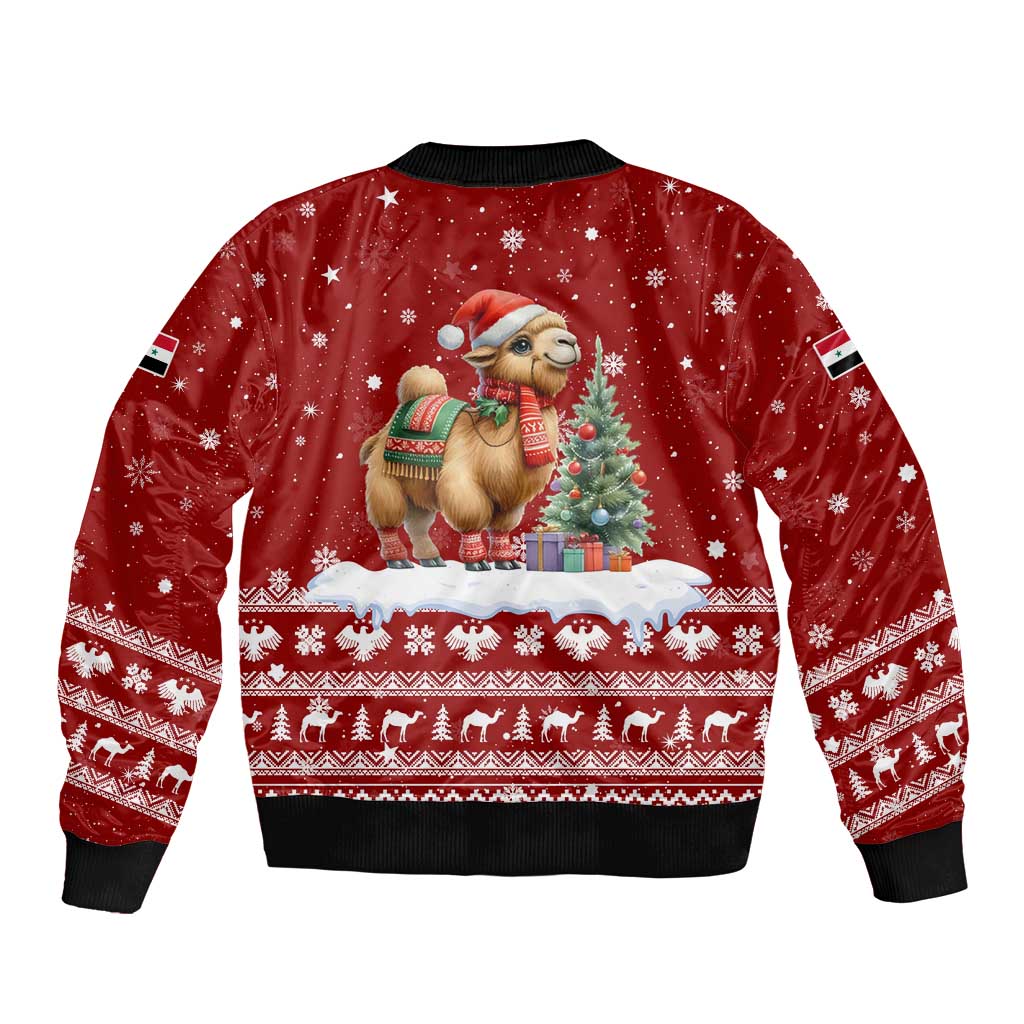 Syria Christmas Bomber Jacket with Golden Eagle Emblem Christmas Camel Scene - Wonder Print Shop