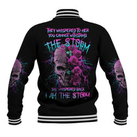 Black baseball jacket with striped collar and back skull and rose graphic