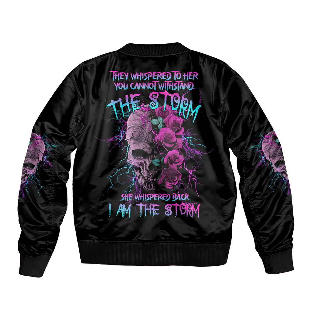 Unisex black bomber jacket, ribbed cuffs, back skull & rose graphic in multicolor
