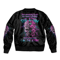 Unisex black bomber jacket, ribbed cuffs, back skull & rose graphic in multicolor
