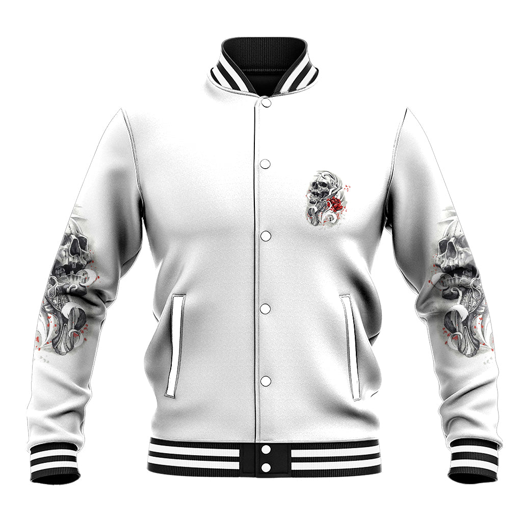 Multicolor tattoo skull-and-rose baseball jacket, snap-front; striped ribbed collar and cuffs