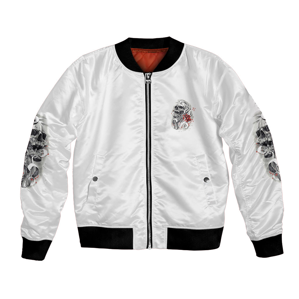 White bomber jacket with front zipper and small skull rose chest patch, black rib cuffs
