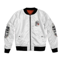 White bomber jacket with front zipper and small skull rose chest patch, black rib cuffs