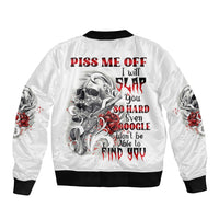 White bomber jacket with tattoo-style skull and rose graphic on back, black rib trim