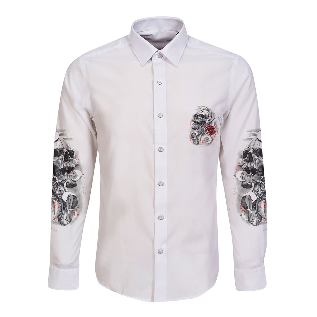 White long-sleeve button shirt with front rose emblem and skull sleeve prints