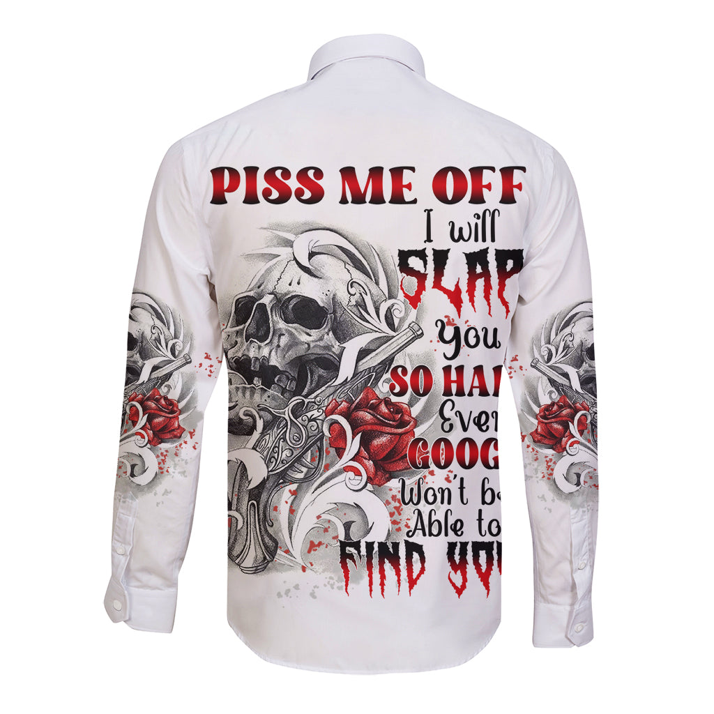 White long-sleeve button shirt, back tattoo skull and rose graphic, red and black