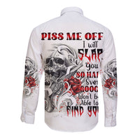 White long-sleeve button shirt, back tattoo skull and rose graphic, red and black