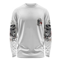 White long sleeve shirt with small skull-and-rose chest graphic and tattoo sleeves
