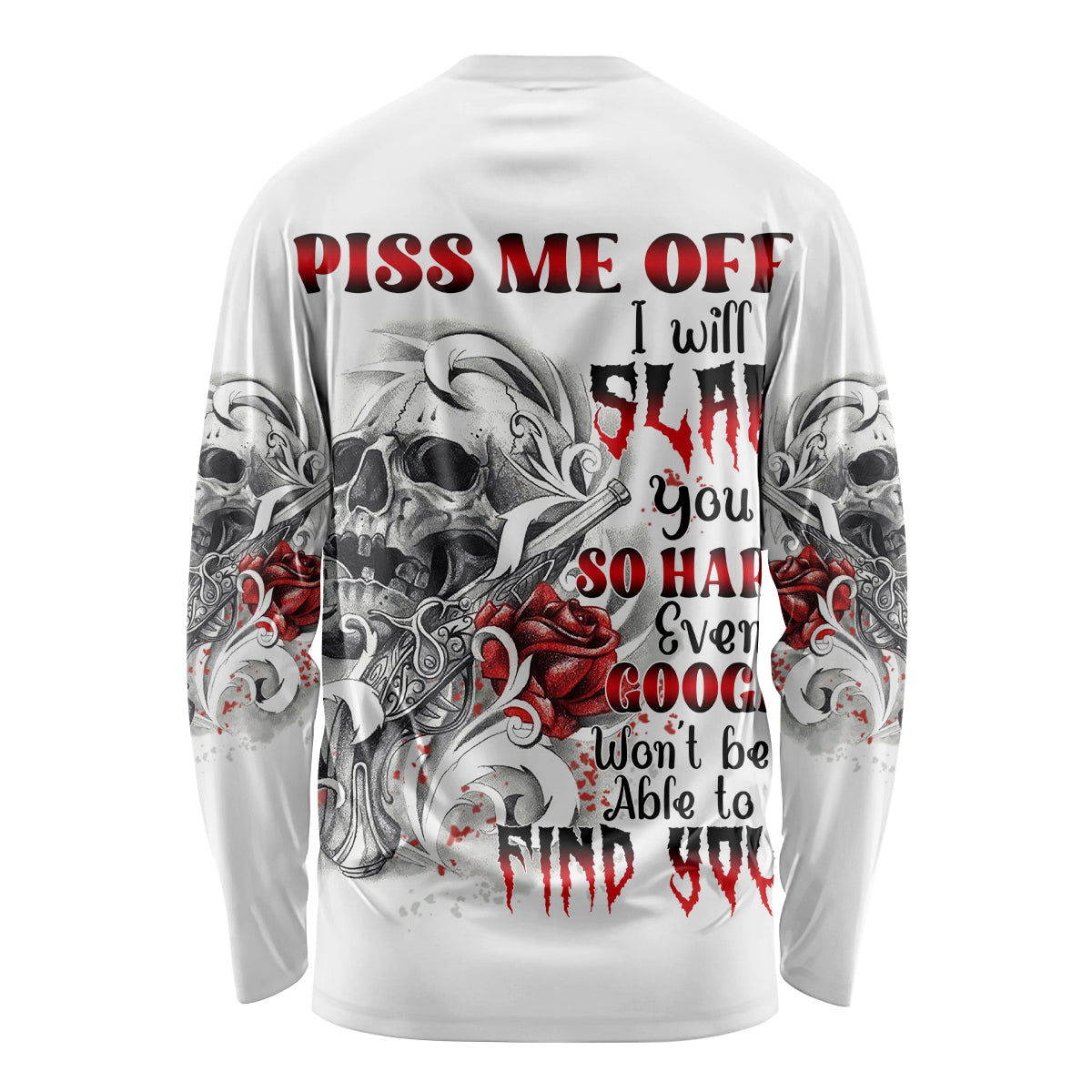 White long sleeve shirt with tattoo skull and rose graphic, red/black text on back
