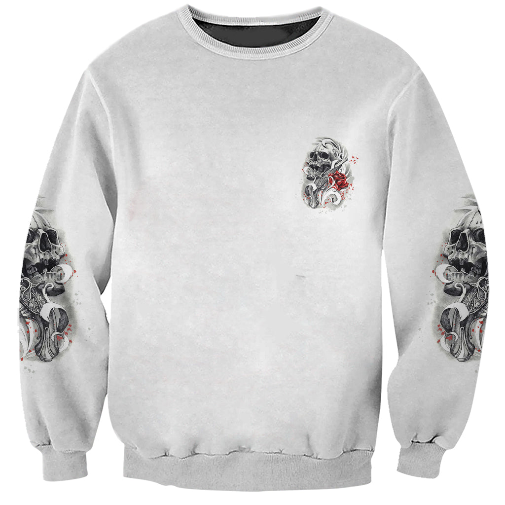 Unisex light gray sweatshirt with small skull-rose chest print and skull motifs on sleeves