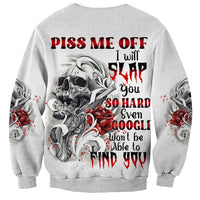 Unisex light gray sweatshirt with skull, roses, and red graphic text on front