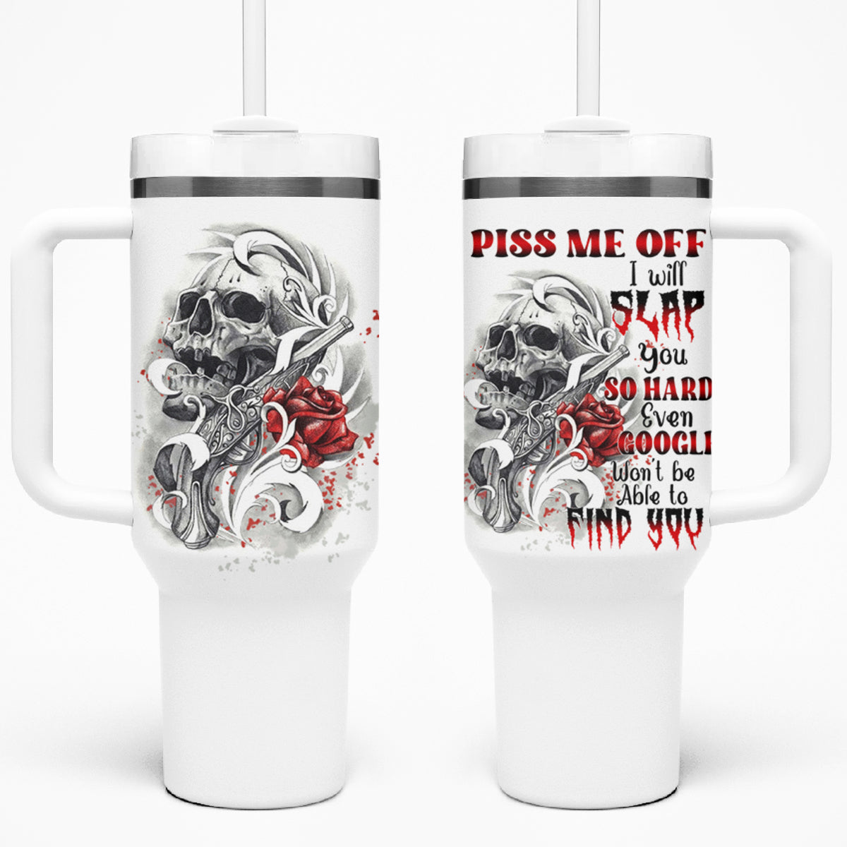 P Me Off Tattooed Skull Rose Tumbler With Handle