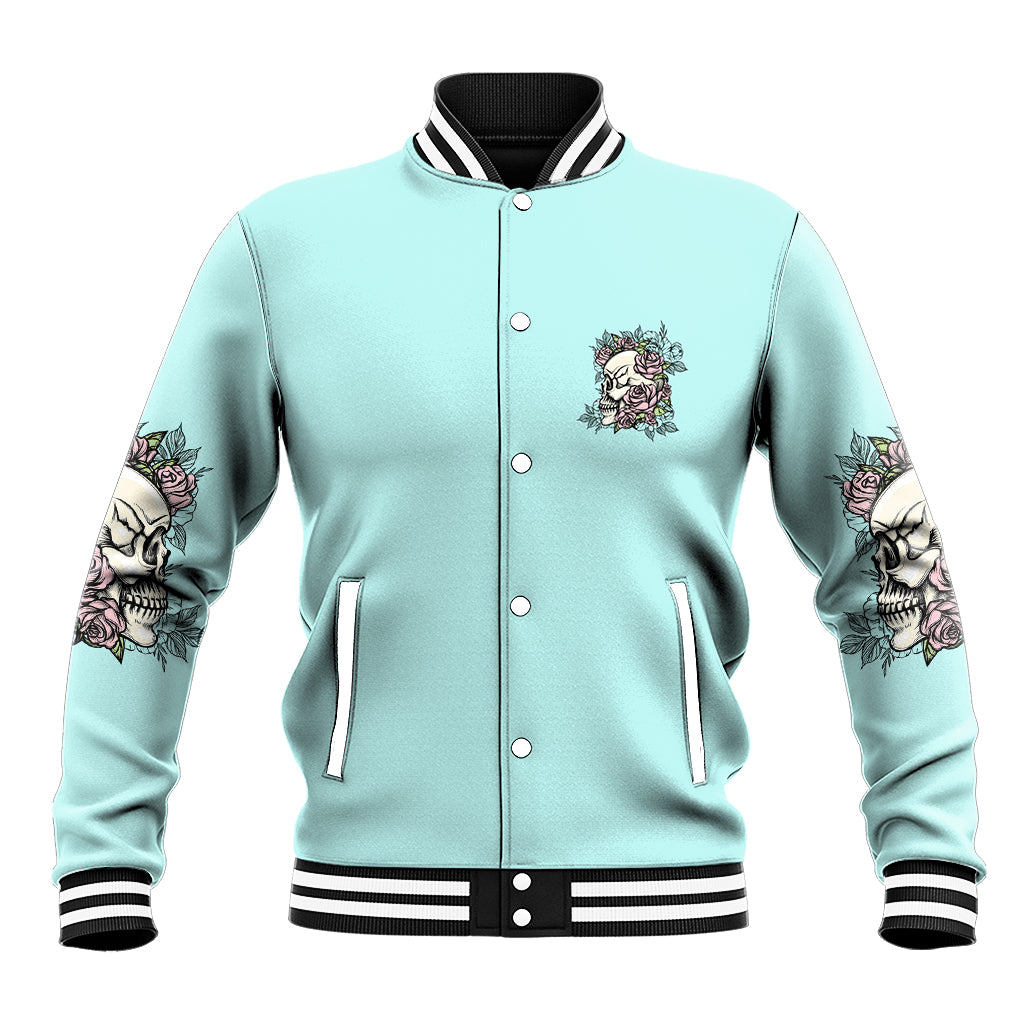 Mint baseball jacket front, button-up with rose-skull emblem and sleeve art
