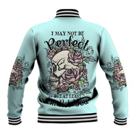 Mint baseball jacket, back graphic of skull with roses and 'perfect' text