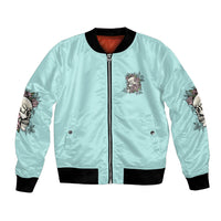 Light blue unisex bomber jacket with front zipper and rose skull chest patch
