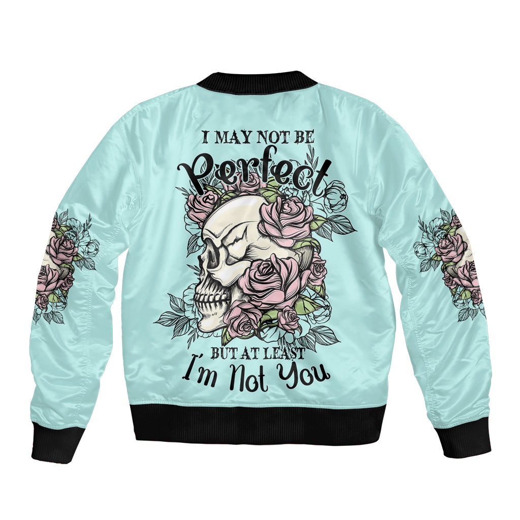 Light blue bomber jacket with ribbed cuffs and skull rose back graphic
