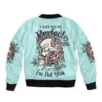 Light blue bomber jacket with ribbed cuffs and skull rose back graphic