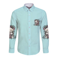 Light blue long sleeve button-up shirt with front skull-rose pocket graphic and sleeve art