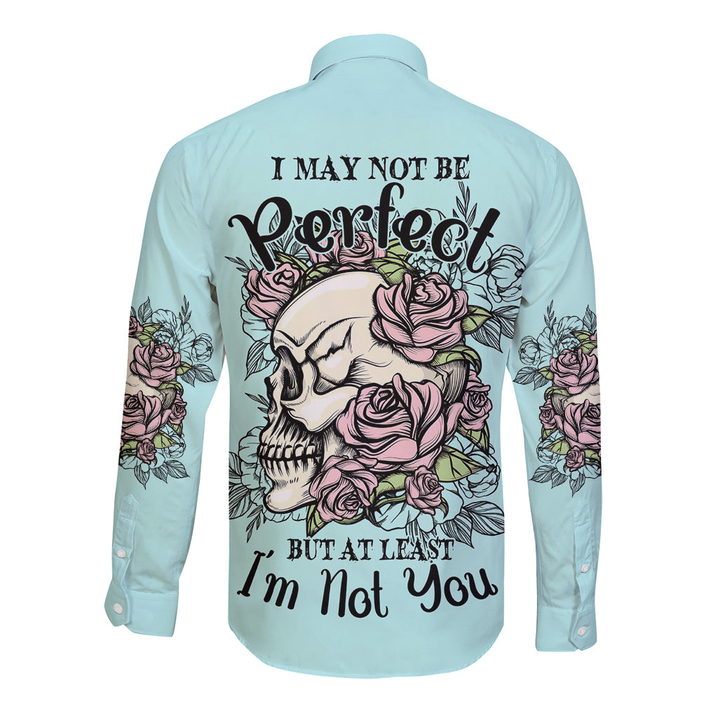 Light blue long sleeve button-up shirt with back skull and rose graphic and text