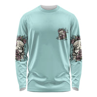 Mint long-sleeve shirt with small skull-rose print on chest and sleeve