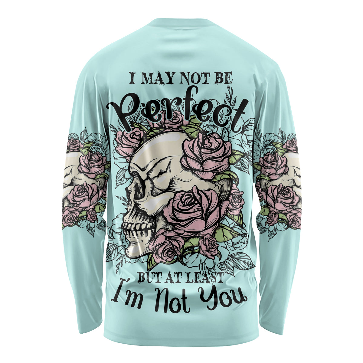 Mint long-sleeve shirt with skull and roses graphic on back and sleeve