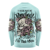 Mint long-sleeve shirt with skull and roses graphic on back and sleeve